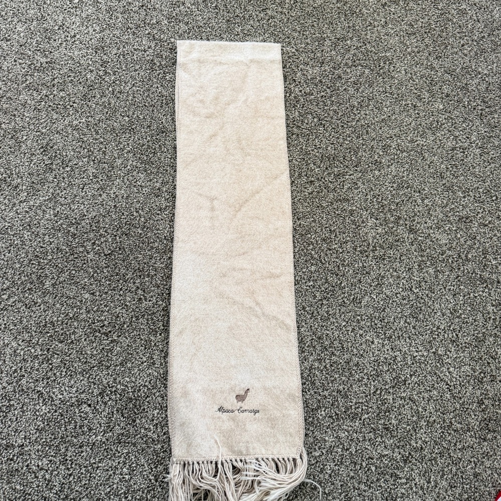 Alpaca Camargo Scarf with Stitched Logo Beige Fringe Peru Wool